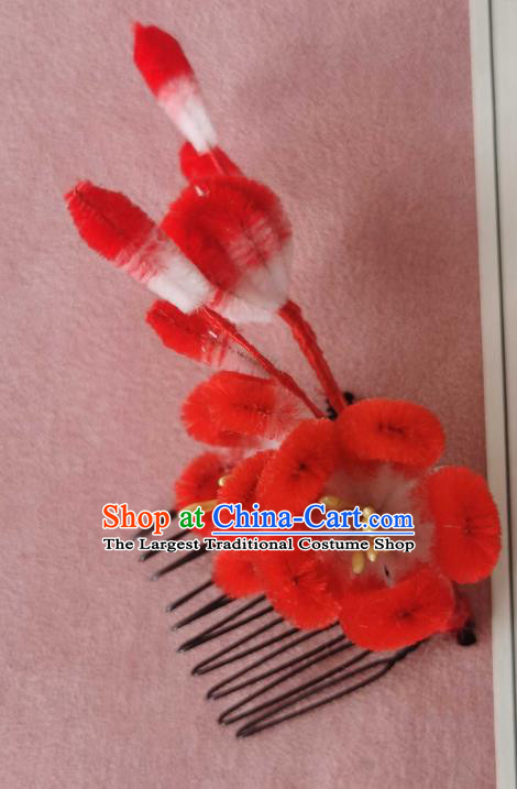 China Classical Hanfu Red Velvet Hair Comb Traditional Ancient Court Plum Blossom Hair Stick