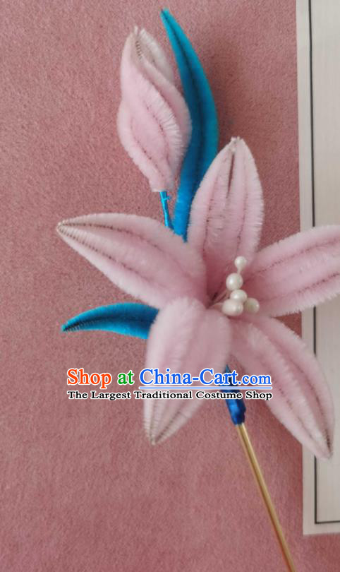 China Classical Hanfu Pink Velvet Lily Flower Hair Stick Traditional Ancient Court Lady Hairpin