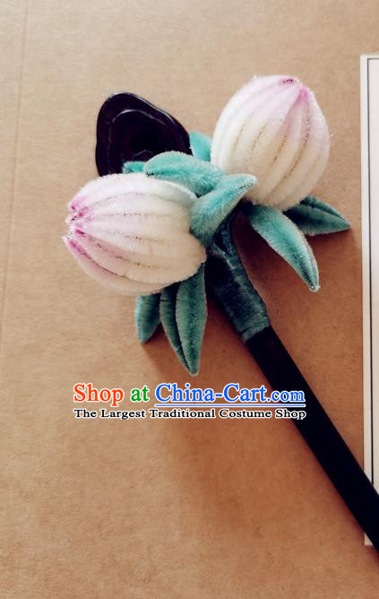 China Classical Hanfu Velvet Peach Hair Stick Traditional Ancient Court Lady Ebony Hairpin