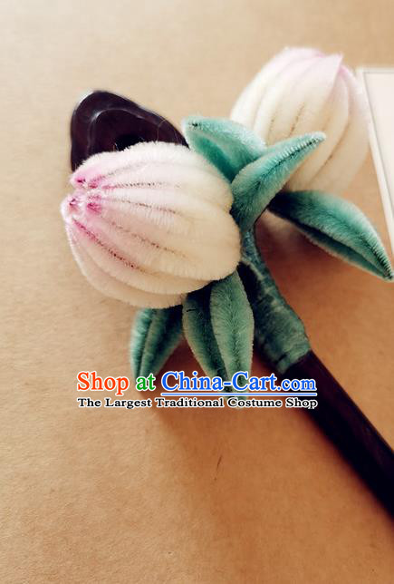 China Classical Hanfu Velvet Peach Hair Stick Traditional Ancient Court Lady Ebony Hairpin
