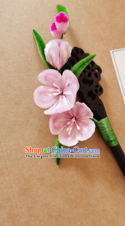 China Classical Hanfu Pink Velvet Peach Blossom Hair Stick Traditional Ancient Court Lady Ebony Flowers Hairpin