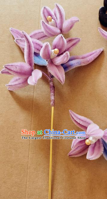China Classical Hanfu Pearls Hair Stick Traditional Ancient Court Lady Pink Velvet Orchids Hairpin