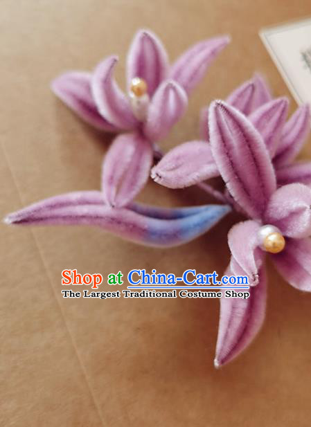 China Classical Hanfu Pearls Hair Stick Traditional Ancient Court Lady Pink Velvet Orchids Hairpin