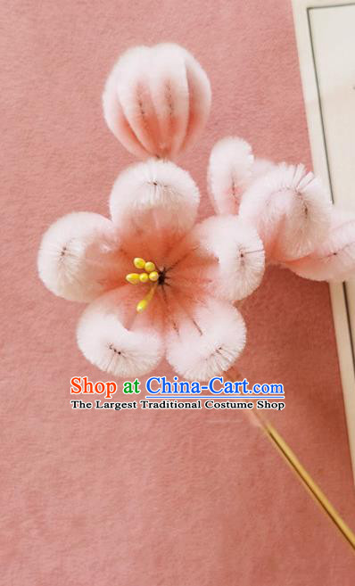 China Classical Hanfu Pink Velvet Plum Blossom Hair Stick Traditional Ancient Court Lady Flowers Hairpin