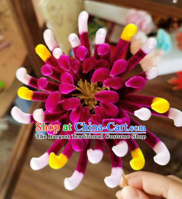 China Classical Hanfu Velvet Hairpin Traditional Ancient Court Lady Purple Chrysanthemum Hair Stick