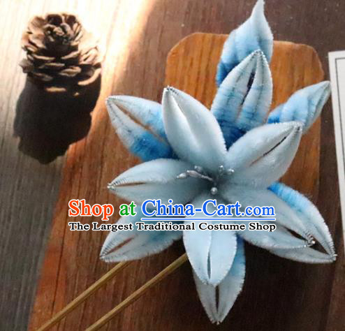 China Classical Hanfu Blue Velvet Hairpin Traditional Ancient Court Lady Orchids Hair Stick