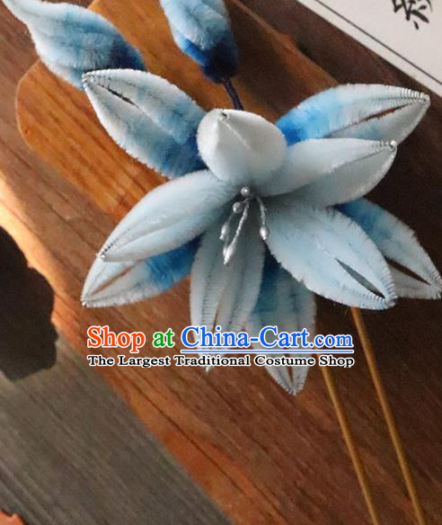 China Classical Hanfu Blue Velvet Hairpin Traditional Ancient Court Lady Orchids Hair Stick