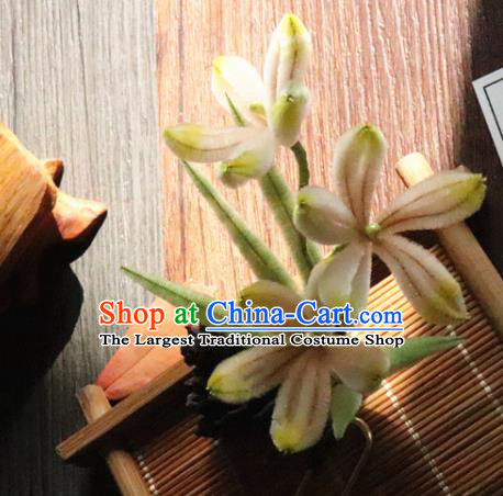 China Classical Hanfu Velvet Orchids Hairpin Traditional Ancient Court Lady Hair Stick