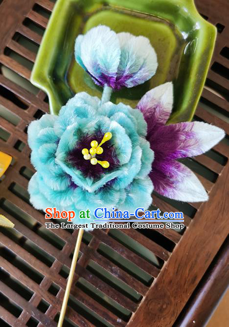 China Handmade Blue Flower Hair Stick Traditional Hanfu Hair Accessories Classical Cheongsam Velvet Peony Hairpin