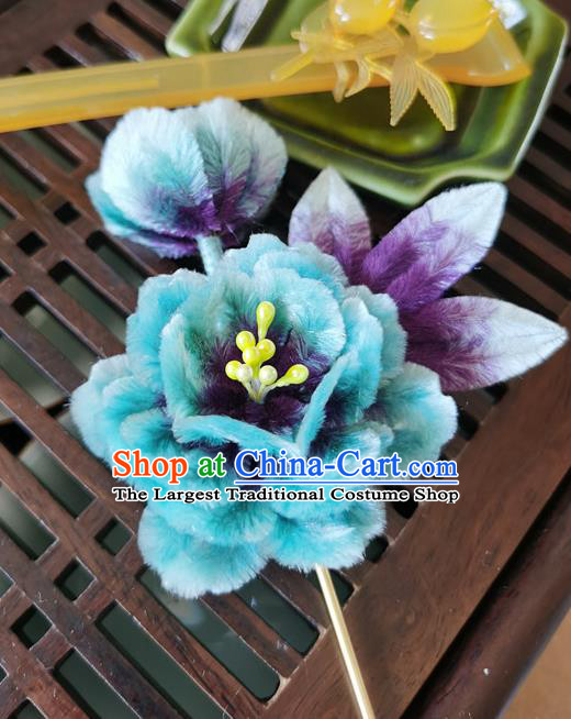 China Handmade Blue Flower Hair Stick Traditional Hanfu Hair Accessories Classical Cheongsam Velvet Peony Hairpin