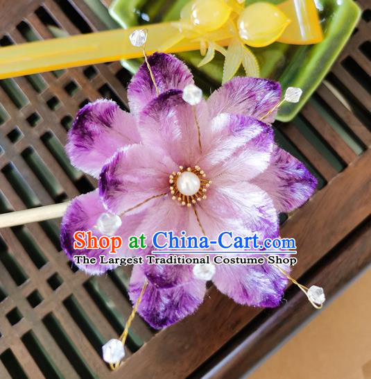 China Handmade Purple Hair Stick Traditional Hanfu Hair Accessories Classical Cheongsam Velvet Lotus Hairpin