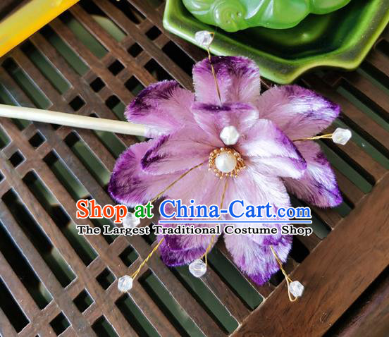 China Handmade Purple Hair Stick Traditional Hanfu Hair Accessories Classical Cheongsam Velvet Lotus Hairpin