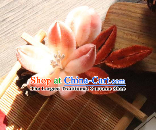 China Traditional Ancient Court Lady Lotus Hair Stick Classical Hanfu Pink Velvet Hairpin