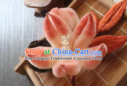 China Traditional Ancient Court Lady Lotus Hair Stick Classical Hanfu Pink Velvet Hairpin