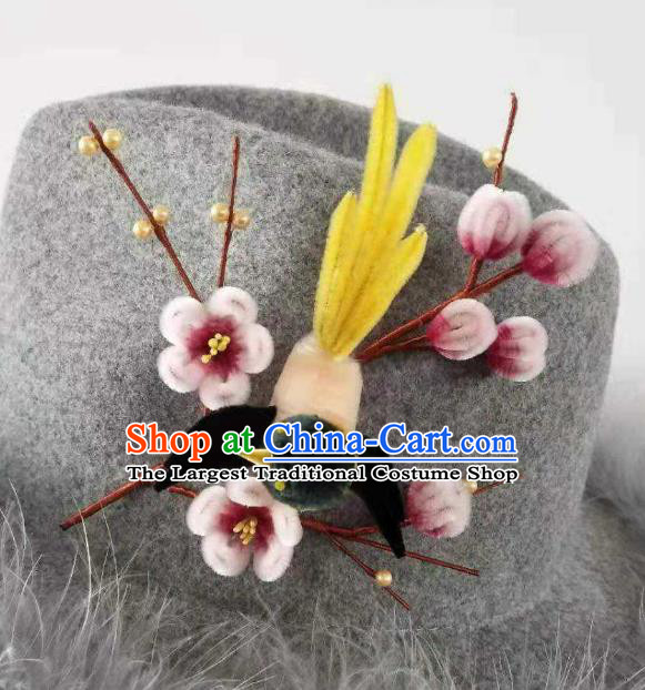 China Classical Hanfu Velvet Magpie Plum Hairpin Traditional Ancient Palace Lady Hair Stick