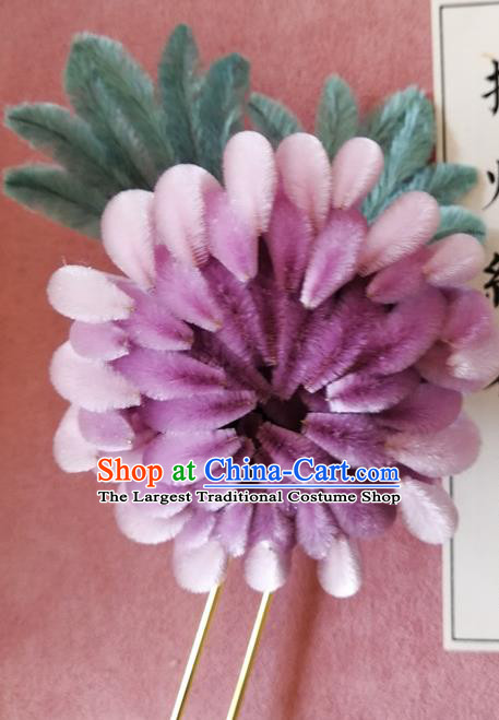 China Traditional Ancient Palace Lady Lilac Velvet Chrysanthemum Hair Stick Classical Hanfu Flowers Hairpin