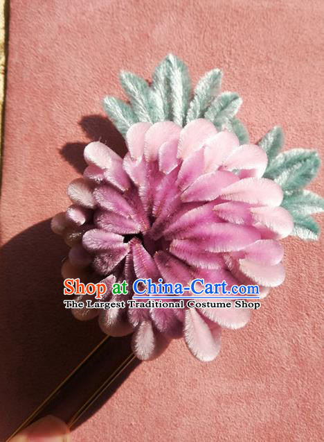China Traditional Ancient Palace Lady Lilac Velvet Chrysanthemum Hair Stick Classical Hanfu Flowers Hairpin