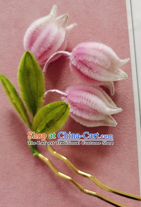 China Handmade Convallaria Hair Stick Traditional Hanfu Hair Accessories Classical Cheongsam Pink Velvet Flowers Hairpin