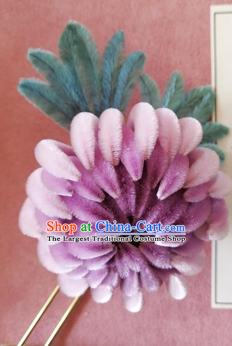 China Traditional Ancient Palace Lady Lilac Velvet Chrysanthemum Hair Stick Classical Hanfu Flowers Hairpin