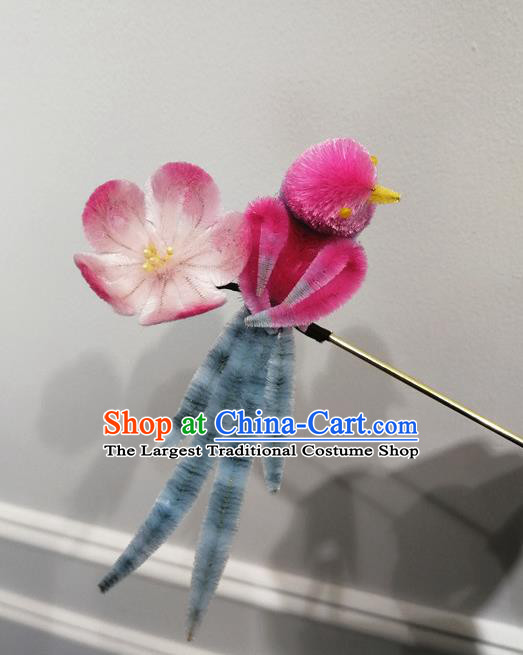 China Traditional Ancient Princess Velvet Hair Stick Classical Hanfu Rosy Magpie Plum Hairpin