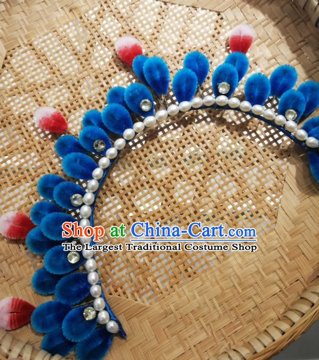 China Traditional Ancient Princess Pearls Hair Crown Classical Hanfu Royalblue Velvet Hairpin