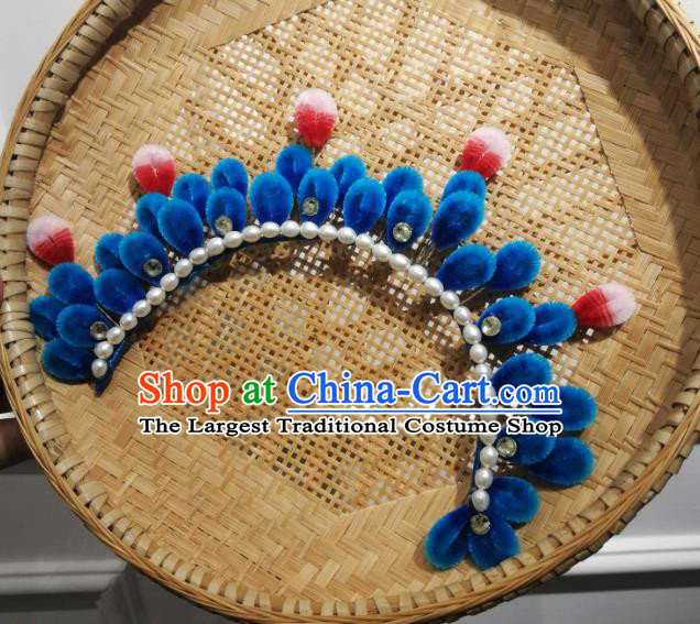 China Traditional Ancient Princess Pearls Hair Crown Classical Hanfu Royalblue Velvet Hairpin