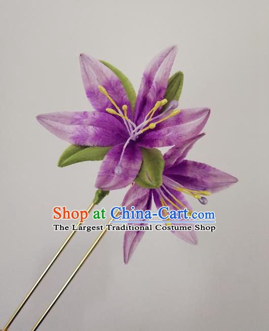 China Classical Hanfu Violet Velvet Hairpin Traditional Ancient Imperial Consort Hair Stick
