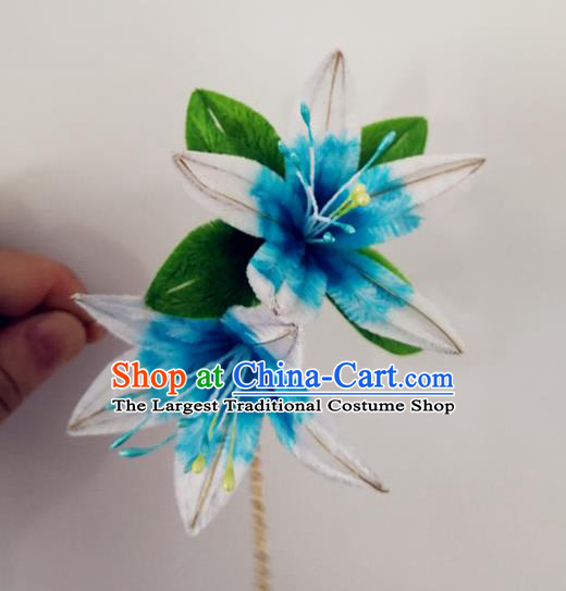China Classical Hanfu Blue Velvet Hairpin Traditional Ancient Imperial Consort Flowers Hair Stick
