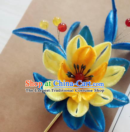 China Classical Hanfu Yellow Velvet Hairpin Traditional Ancient Imperial Consort Lotus Hair StickChina Classical Hanfu Yellow Velvet Hairpin Traditional Ancient Imperial Consort Lotus Hair Stick