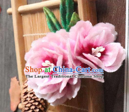 China Classical Hanfu Pink Flower Hairpin Traditional Ancient Palace Lady Velvet Peony Hair Stick