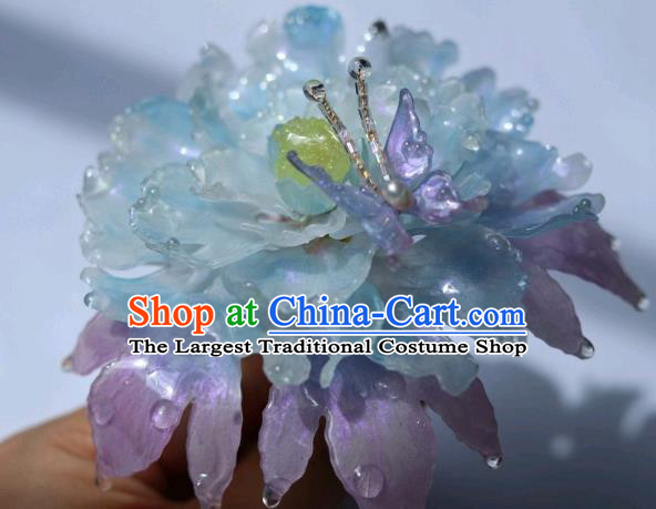 China Classical Hanfu Blue Peony Hairpin Traditional Ancient Princess Hair Stick