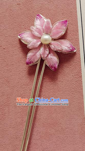 China Handmade Silver Hair Stick Traditional Hanfu Hair Accessories Classical Cheongsam Pink Velvet Lotus Hairpin
