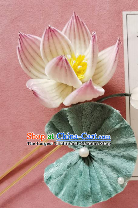 China Handmade Pink Velvet Lotus Hair Stick Traditional Hanfu Hair Accessories Classical Hairpin