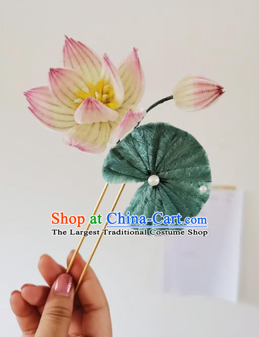 China Handmade Pink Velvet Lotus Hair Stick Traditional Hanfu Hair Accessories Classical Hairpin