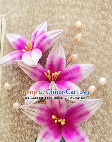 China Handmade Lily Flowers Hair Stick Traditional Hanfu Hair Accessories Classical Purple Velvet Pearls Hairpin