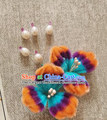 China Pearls Hair Stick Handmade Hair Accessories Traditional Velvet Flowers Hairpin