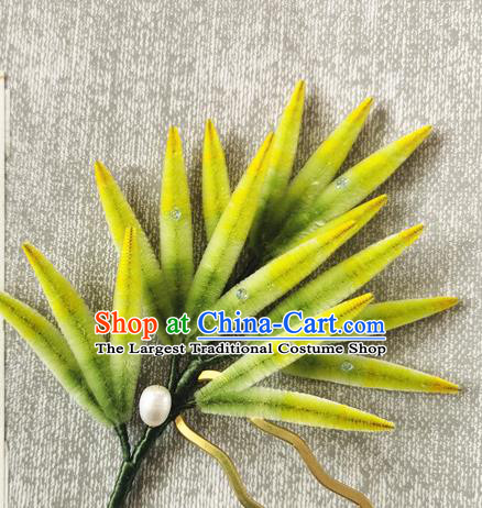 Handmade China Ancient Green Bamboo Leaf Hairpin Traditional Hanfu Hair Accessories Velvet Hair Stick