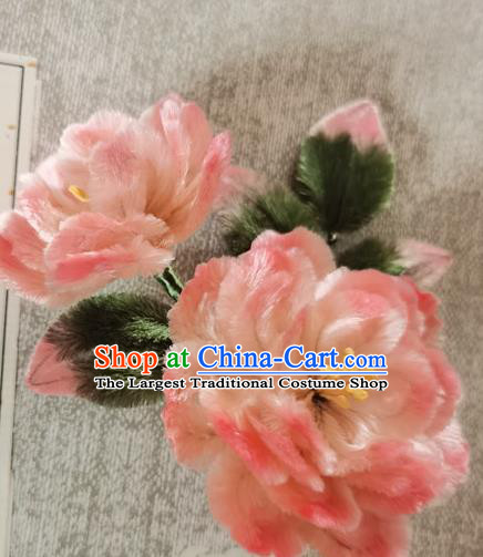 China Classical Velvet Flowers Hair Stick Handmade Hair Accessories Traditional Cheongsam Pink Peony Hairpin