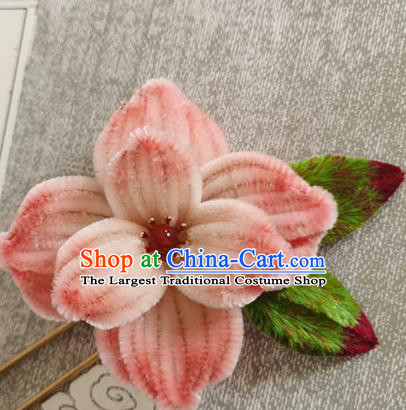 China Traditional Cheongsam Pink Peony Hairpin Classical Velvet Flowers Hair Stick Handmade Hair Accessories