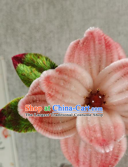 China Traditional Cheongsam Pink Peony Hairpin Classical Velvet Flowers Hair Stick Handmade Hair Accessories