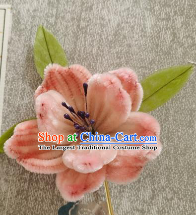 China Traditional Cheongsam Peach Blossom Hairpin Handmade Hair Accessories Classical Pink Velvet Hair Stick