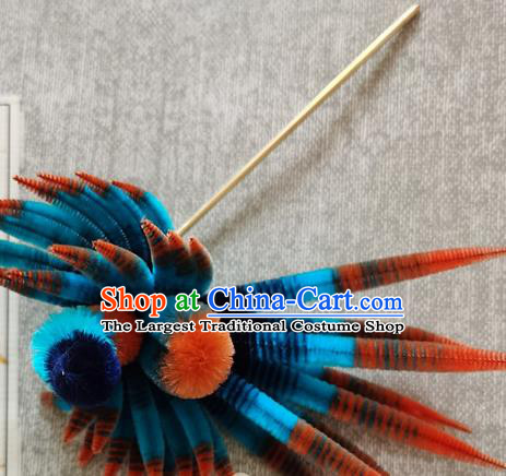 China Classical Blue Phoenix Hair Stick Traditional Cheongsam Velvet Hairpin Handmade Hair Accessories