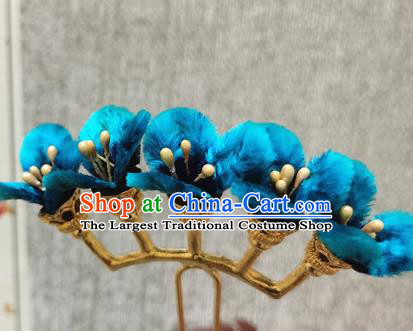 China Traditional Cheongsam Blue Velvet Flowers Hairpin Handmade Hair Accessories Classical Hair Stick