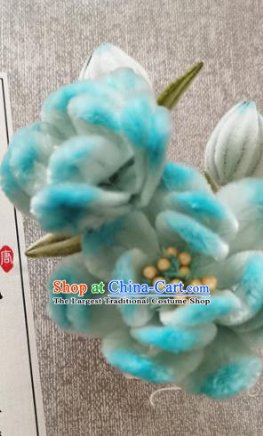 China Traditional Cheongsam Hairpin Handmade Hair Accessories Classical Blue Velvet Rose Hair Stick