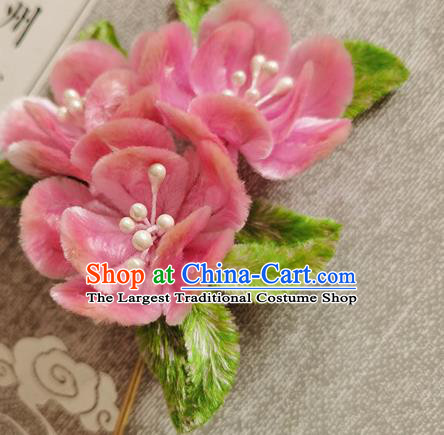 China Classical Pink Flowers Hair Stick Traditional Handmade Hair Accessories Ancient Princess Velvet Hairpin
