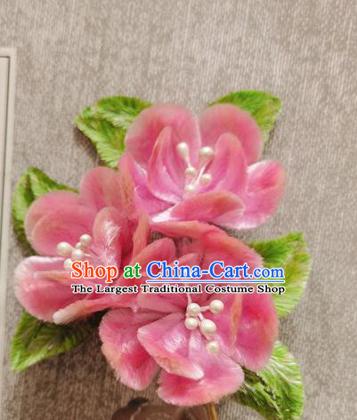 China Classical Pink Flowers Hair Stick Traditional Handmade Hair Accessories Ancient Princess Velvet Hairpin