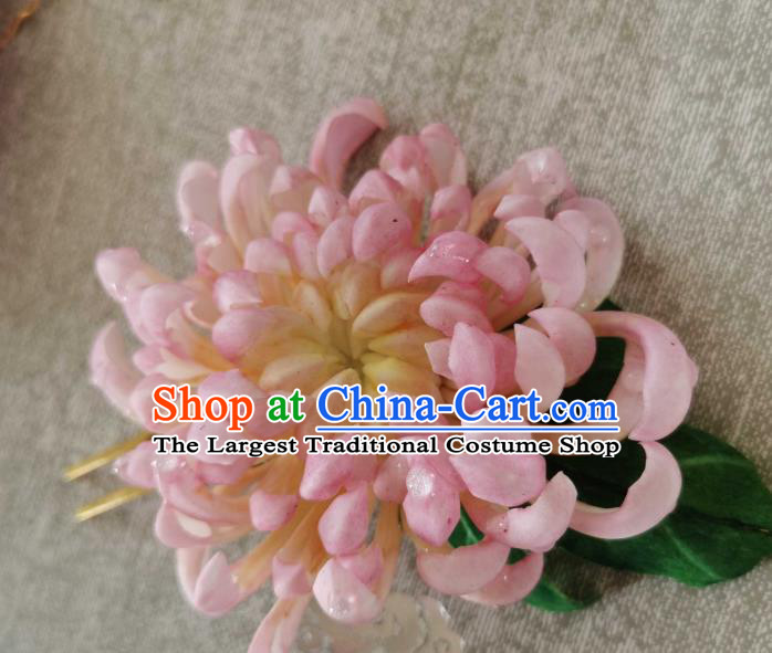 China Classical Pink Chrysanthemum Hair Stick Traditional Ancient Qing Dynasty Empress Hairpin