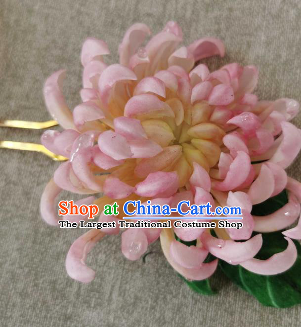 China Classical Pink Chrysanthemum Hair Stick Traditional Ancient Qing Dynasty Empress Hairpin