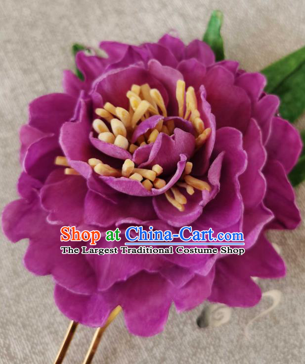 China Classical Purple Peony Hair Stick Traditional Ancient Tang Dynasty Court Woman Hairpin