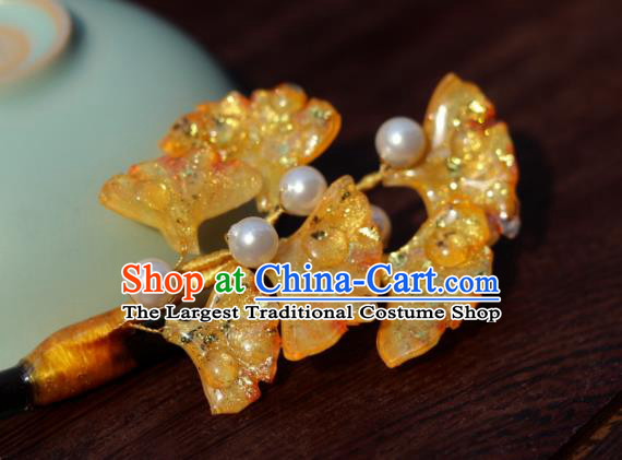 China Classical Hanfu Ginkgo Leaf Hairpin Traditional Ancient Ming Dynasty Princess Wood Hair Stick